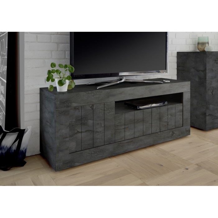 Meuble TV 3 portes battantes en bois, coloris gris foncé, collection URBAN