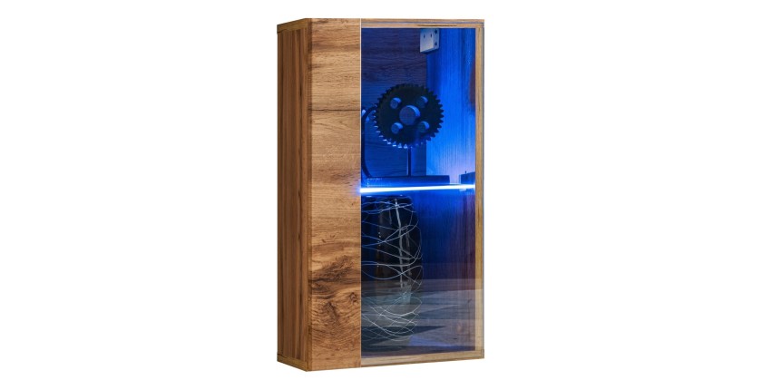 Vitrine suspendue petit modèle coloris chêne pour salon collection SWITCH. 1 porte vitrée avec éclairage LED inclus.