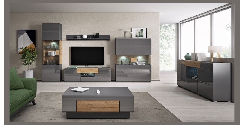 Meuble TV 210cm collection OHIO. Coloris gris anthracite et chêne