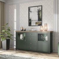 Buffet 180cm collection ASSIA. Coloris vert et chêne. 2 portes et 4 tiroirs