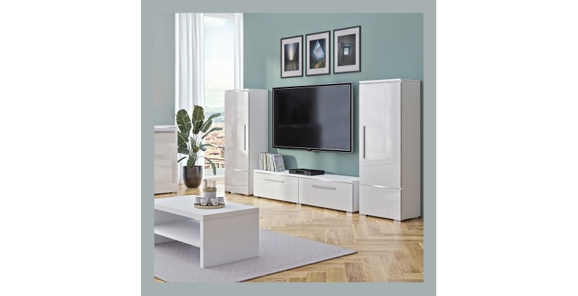 Meuble TV 160cm Collection RIO. 1 porte abattante, coloris blanc brillant. Style design