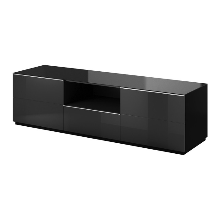 Meuble TV 180cm collection ZANTE avec 2 portes et 1 tiroir. Couleur noir brillant pailleté