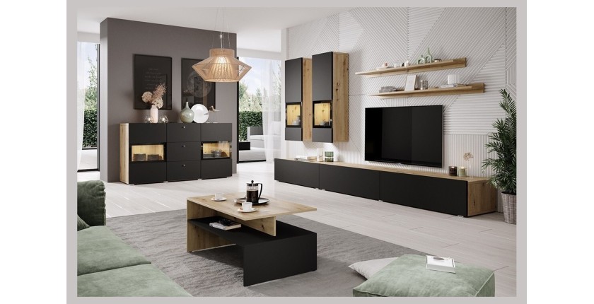 Ensemble meubles de salon collection RAMOS. Coloris chêne et noir super mat.