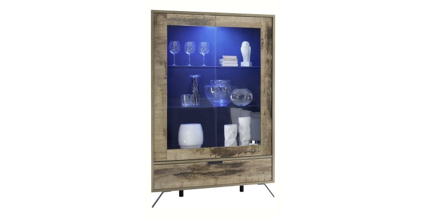Vitrine deux portes en verre avec 1 tiroir, collection SHOW, couleur chêne clair, idéale pour votre salle à manger