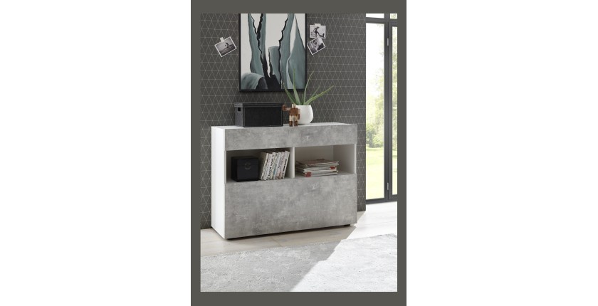 Buffet 1 tiroir et 1 porte abattante, collection SULTANO, coloris blanc effet béton, idéal pour votre salon