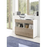 Buffet 1 tiroir et 1 porte abattante, collection SULTANO, coloris blanc et chêne clair, idéal pour votre salon