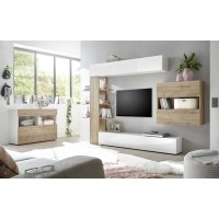 Buffet 1 tiroir et 1 porte abattante, collection SULTANO, coloris blanc et chêne clair, idéal pour votre salon