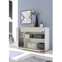 Buffet 1 tiroir et 2 portes, collection KALO, coloris blanc et chêne clair, idéal dans votre salon