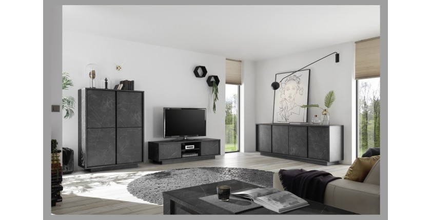 Meuble TV 2 portes, collection COLOMARMO, coloris noir effet marbre, idéal pour votre salon tendance et moderne