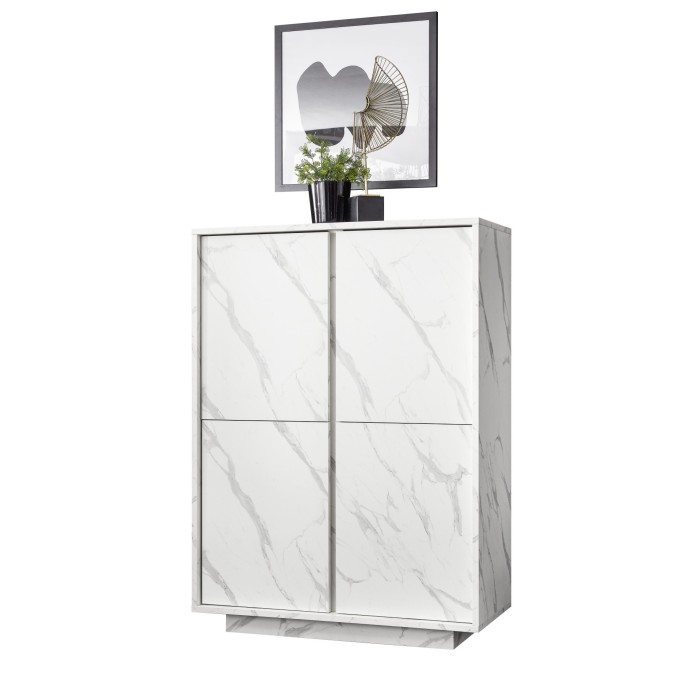 Argentier 4 portes, collection COLOMARMO, coloris blanc effet marbre, idéal dans votre salon ou salle à manger