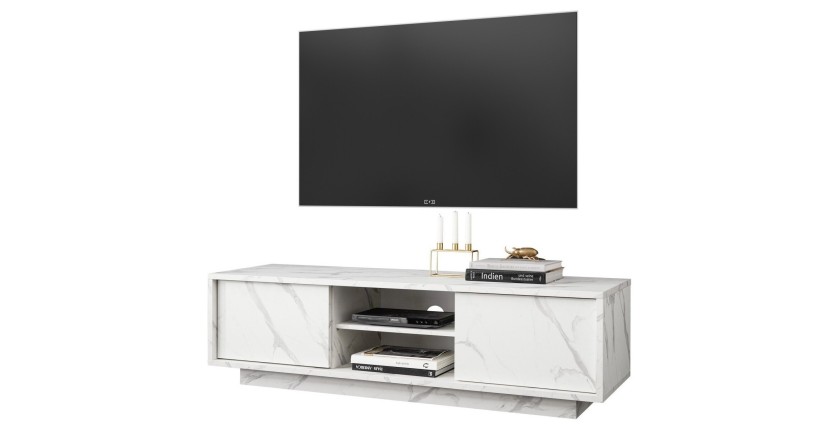 Meuble TV 2 portes, collection COLOMARMO, coloris blanc effet marbre, idéal pour votre salon tendance et moderne