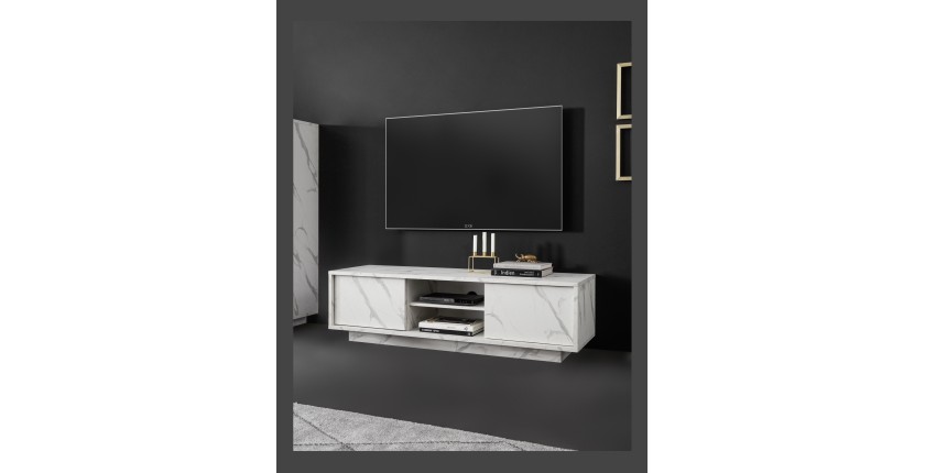 Meuble TV 2 portes, collection COLOMARMO, coloris blanc effet marbre, idéal pour votre salon tendance et moderne