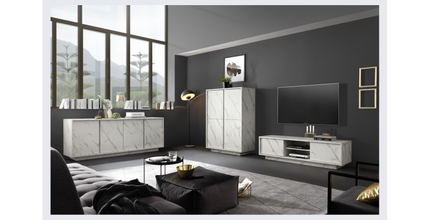 Meuble TV 2 portes, collection COLOMARMO, coloris blanc effet marbre, idéal pour votre salon tendance et moderne