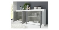 Buffet 4 portes, collection CISA, coloris blanc et gris effet béton, idéal pour un salon ou une salle à manger design