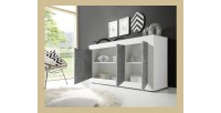Buffet 3 portes, collection CISA, coloris blanc et gris effet béton, idéal pour votre salon ou salle à manger