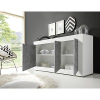 Buffet 3 portes, collection CISA, coloris blanc et gris effet béton, idéal pour votre salon ou salle à manger