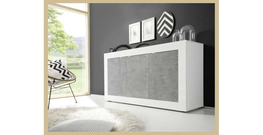 Buffet 3 portes, collection CISA, coloris blanc et gris effet béton, idéal pour votre salon ou salle à manger