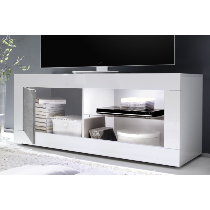 Meuble TV 1 porte, collection CISA, coloris blanc laqué brillant et gris effet béton