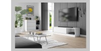 Meuble TV design EVO 140 cm, 1 porte et 2 niches, coloris blanc mat