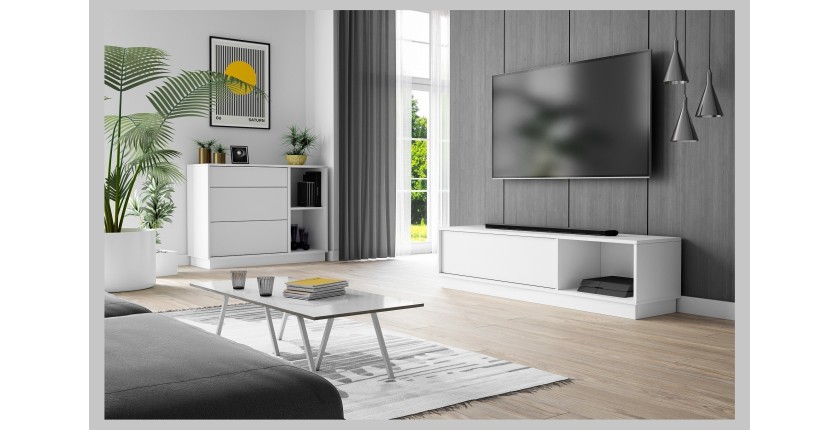 Meuble TV design EVO 140 cm, 1 porte et 2 niches, coloris blanc mat