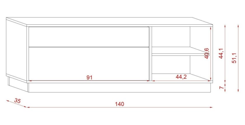 Meuble TV EVO 136cm, 1 porte, 3 niches et 1 tiroir, coloris blanc mat