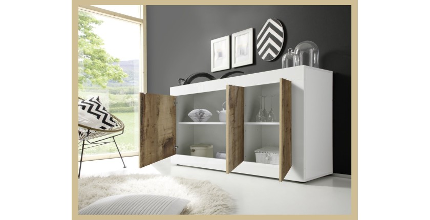 Buffet 3 portes, collection CISA, coloris blanc et chêne clair, idéal pour votre salon ou salle à manger
