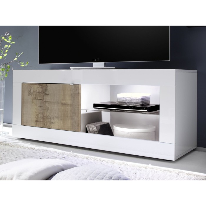 Meuble TV 1 porte, collection CISA, coloris blanc laqué brillant et chêne clair