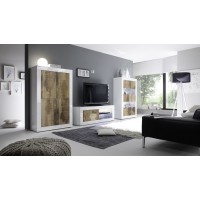 Meuble TV 1 porte, collection CISA, coloris blanc laqué brillant et chêne clair