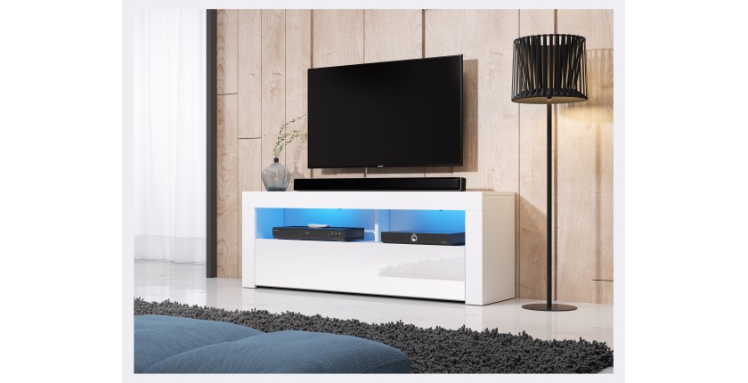 Meuble TV RABBIT 140cm, 1 porte et 4 niches, coloris blanc