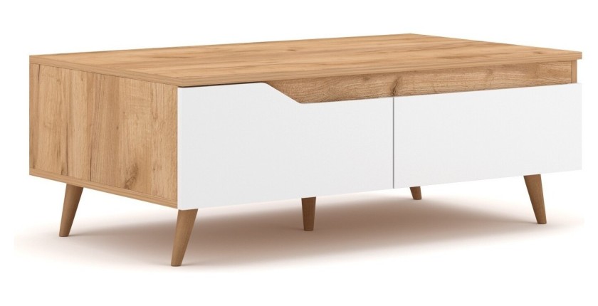 Table basse TRU 100 cm avec 1 tiroir et 1 niche, coloris chêne clair et blanc