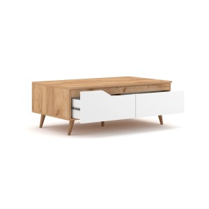 Table basse TRU 100 cm avec 1 tiroir et 1 niche, coloris chêne clair et blanc