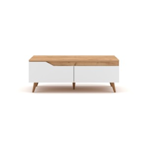 Table basse TRU 100 cm avec 1 tiroir et 1 niche, coloris chêne clair et blanc