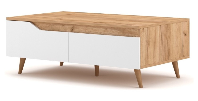 Table basse TRU 100 cm avec 1 tiroir et 1 niche, coloris chêne clair et blanc