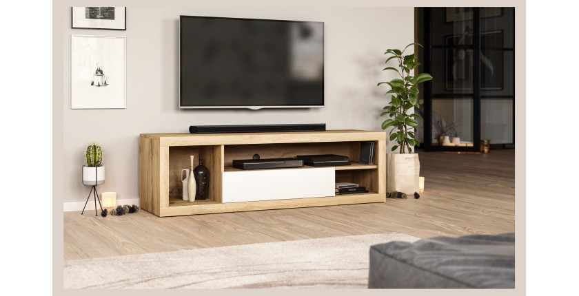 Meuble TV WHAT 140cm, 1 porte et 4 niches, coloris chêne clair