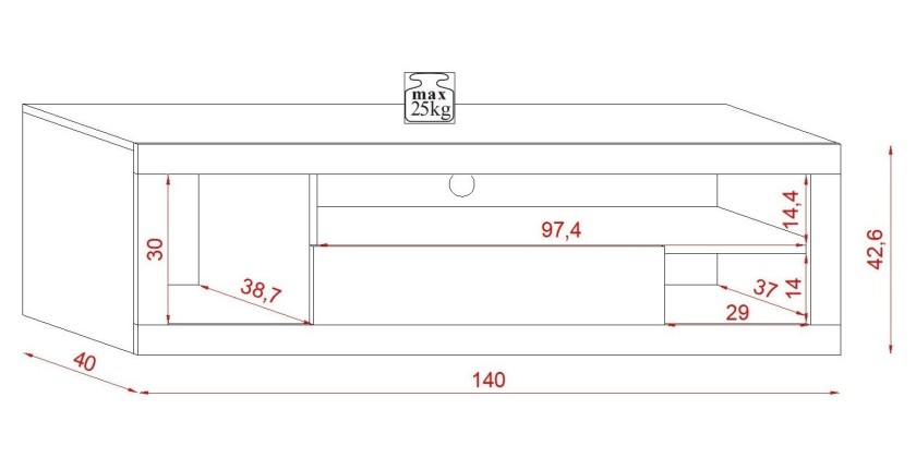 Meuble TV WHAT 140cm, 1 porte et 4 niches, coloris chêne clair