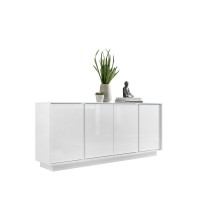 Buffet 4 portes, collection CREAM, coloris blanc laqué brillant, idéal pour un salon ou une salle à manger design