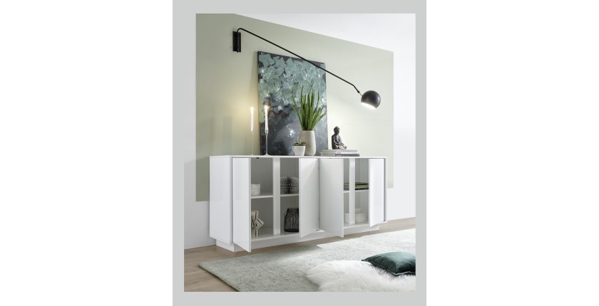 Buffet 4 portes, collection CREAM, coloris blanc laqué brillant, idéal pour un salon ou une salle à manger design