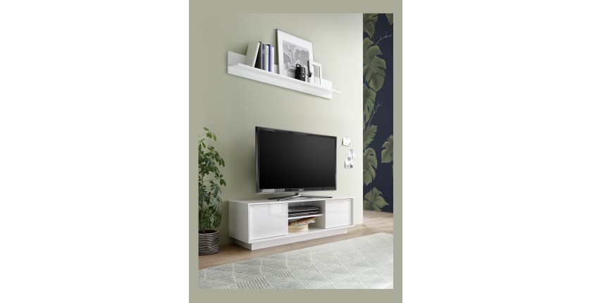 Meuble TV 2 portes, collection CREAM, coloris blanc laqué brillant, idéal pour votre salon tendance et moderne