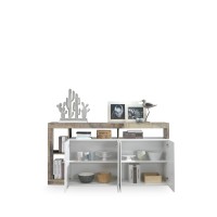 Buffet 4 portes collection BURA, coloris blanc laqué brillant et chêne clair, idéal pour un salon moderne et tendance.