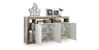 Buffet 4 portes collection BURA, coloris blanc laqué brillant et chêne clair, idéal pour un salon moderne et tendance.