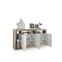 Buffet 4 portes collection BURA, coloris blanc laqué brillant et chêne clair, idéal pour un salon moderne et tendance.