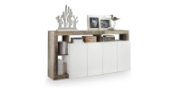 Buffet 4 portes collection BURA, coloris blanc laqué brillant et chêne clair, idéal pour un salon moderne et tendance.