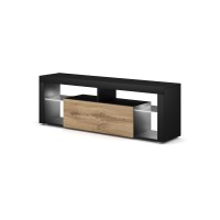 Meuble TV MONTBLANC 140cm, 1 porte abattante et 5 niches, coloris noir et porte couleur chêne