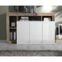 Buffet 3 portes collection BURA, coloris blanc laqué brillant et chêne clair