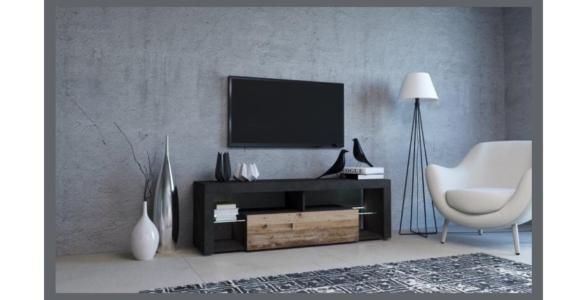 Meuble TV MONTBLANC 140cm, 1 porte abattante et 5 niches, coloris gris anthracite et porte couleur chêne