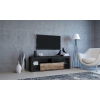 Meuble TV MONTBLANC 140cm, 1 porte abattante et 5 niches, coloris gris anthracite et porte couleur chêne