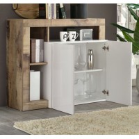 Buffet 2 portes collection BURA, coloris blanc laqué brillant et chêne clair