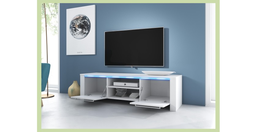 Meuble TV design MANHATTAN 140 cm à 2 portes et 1 niche coloris blanc brillant