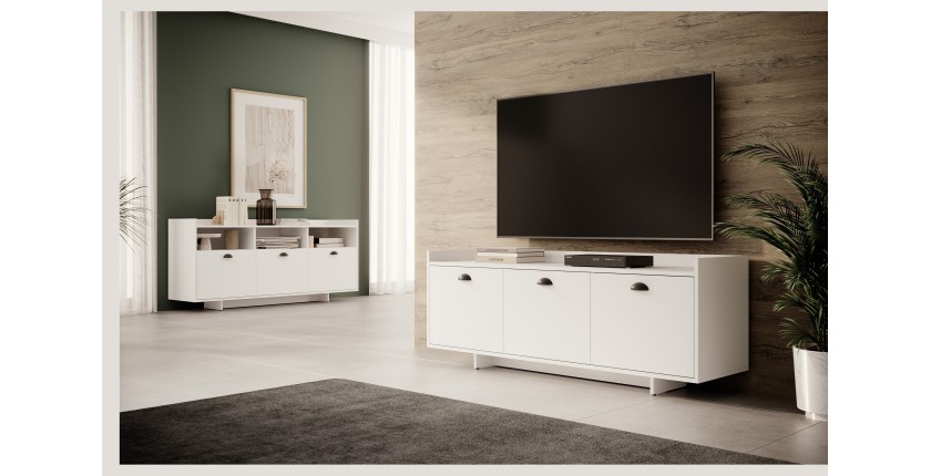 Meuble TV design VICTORIA 110 cm à 1 porte et 3 niches coloris blanc mat