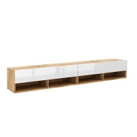 Meuble TV suspendu design CLUJ, 200 cm, couleur chêne clair et blanc brillant